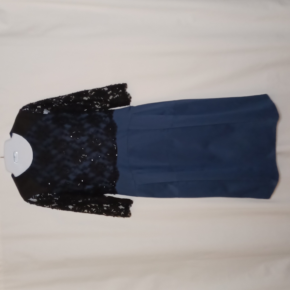 Miri New York. Women's Black and Blue Lace With Beads Midi Dress. Size 2